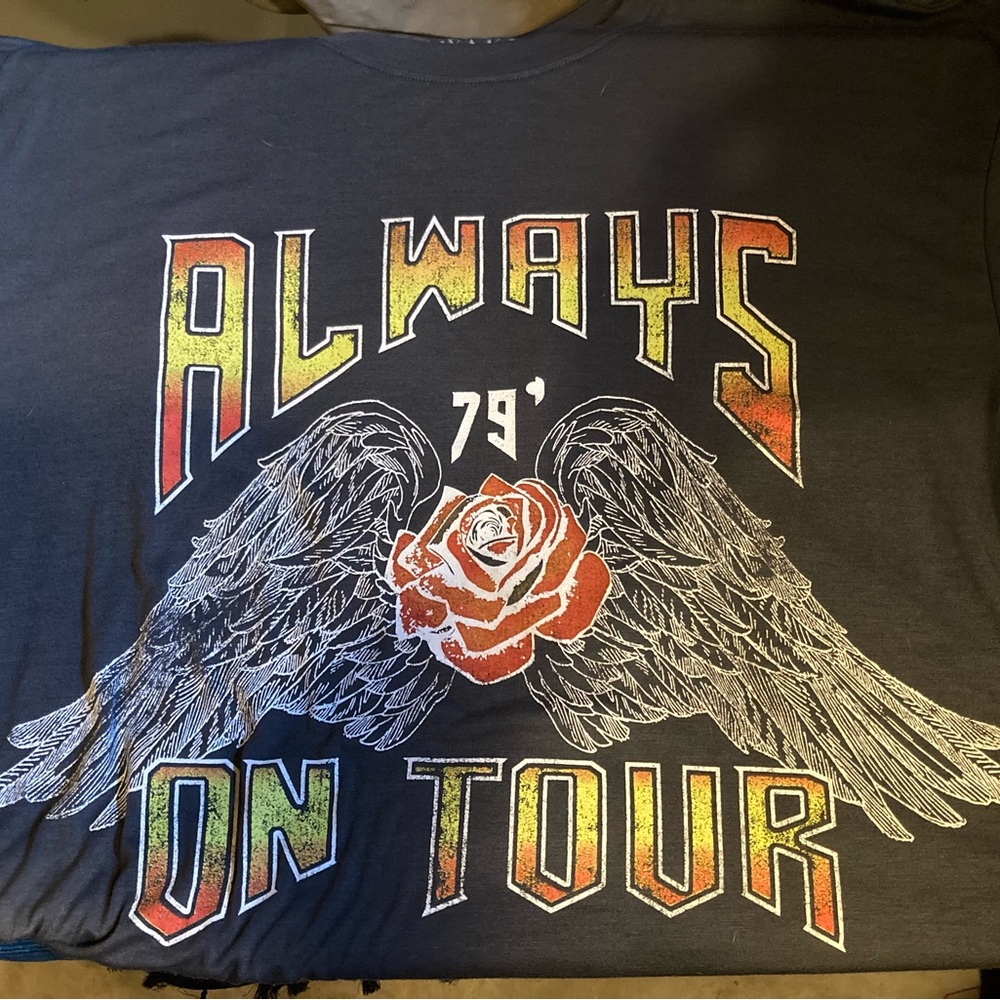 Graphic Tee with Wings and Rose Design “Always on Tour 79’” New never worn